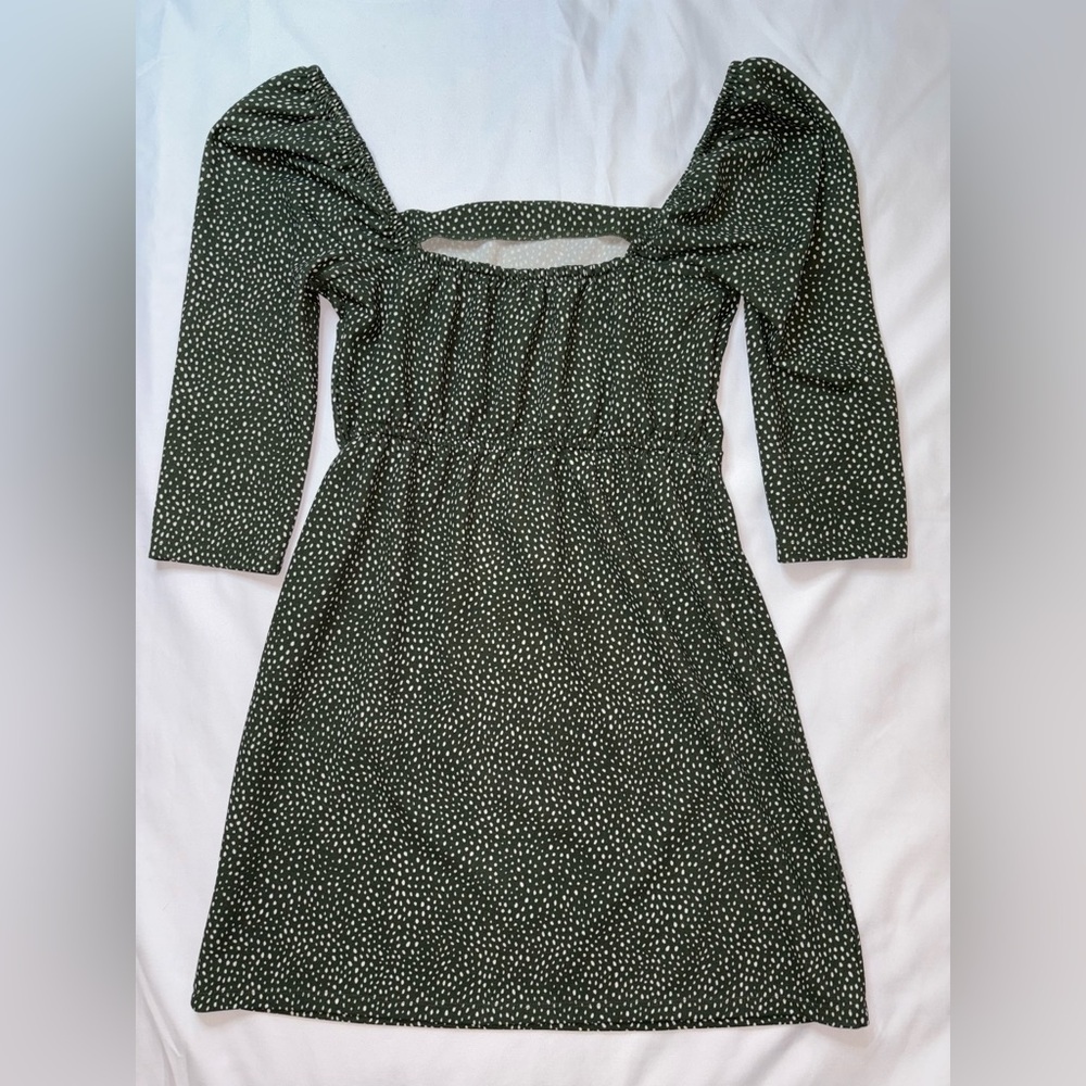 Leith Size M Green & White Square Neck Half Sleeve Boho Spring Mini Dress - Picture 9 of 9